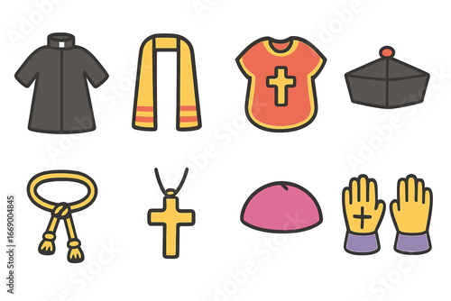 Sacred Clothing Icons. Flat vector mini-illustrations sacred clothing in colors children's illustrations: cassock, stole, chasuble