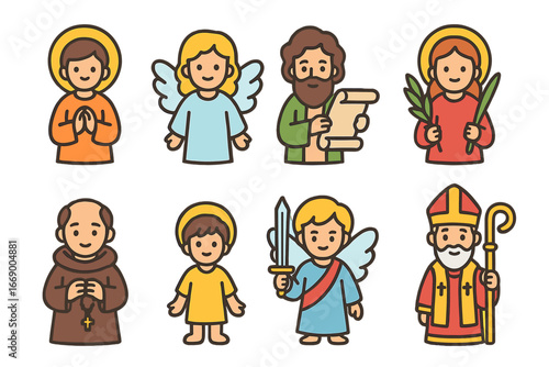 Saints and Angels Icons. Flat vector mini-illustrations saints and angels in colors children's illustrations: saint with halo,