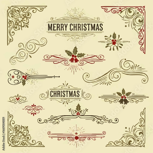 Collection of vintage Christmas ornaments and decorative elements including holly berries, swirls, corners, and 