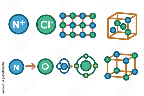 Salt Molecular Structure. Flat vector mini-illustrations salt molecular structure in colors children's illustrations: Na⁺ ion, Cl⁻
