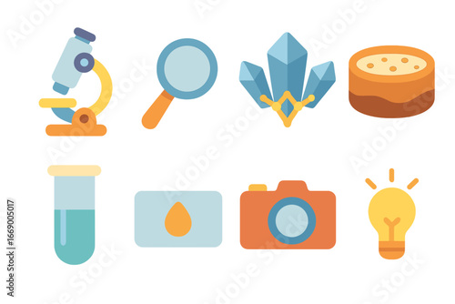 Science Tools Icons. Flat vector mini-illustrations precipitate visualization in colors children's illustrations: microscope,