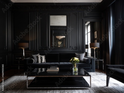A luxurious, dark living ro...
