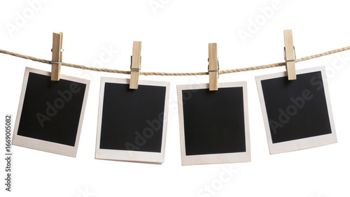 Four Blank Instant Photo Frames Hanging on Rope – Empty Gallery Picture Mockup PNG