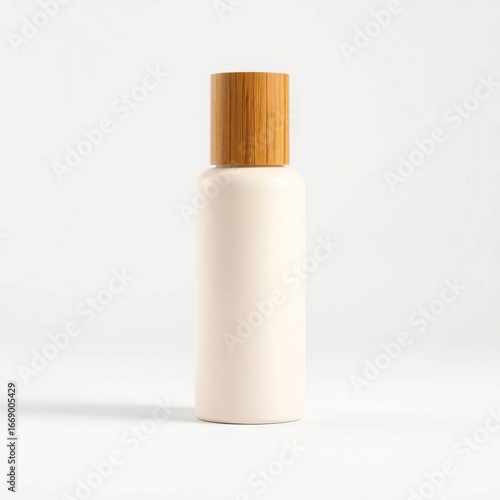 Beige bottle with bamboo cap, and white background.