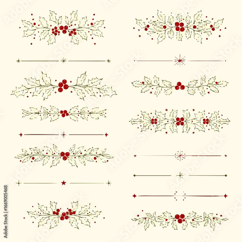 Elegant illustrations of Christmas holly and decorative line dividers, festive designs.