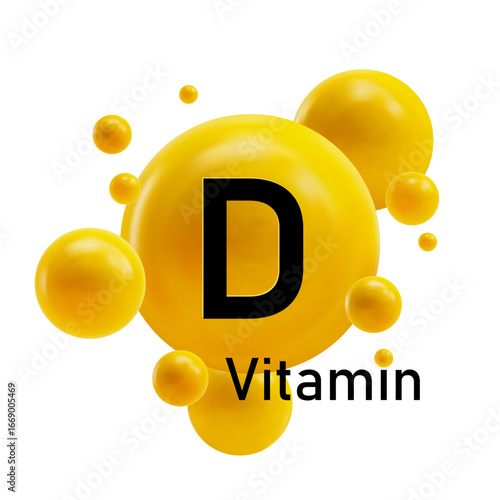 Vitamin D capsule with glowing golden drop. Shiny medical supplement pill icon for health care, pharmacy, nutrition, wellness and medicine advertising. Vector illustration isolated on white.