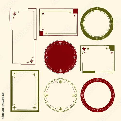 A collection of nine decorative frames in various shapes (rectangle, circle) and colors (red, green, beige) featuring snowflake and star accents.