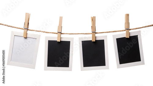 Four Blank Instant Photo Frames Hanging on Rope – Empty Gallery Picture Mockup PNG