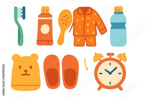 Sleepover Essentials Grid. Flat vector mini-illustrations sleepover essentials in colors children's illustrations: toothbrush,