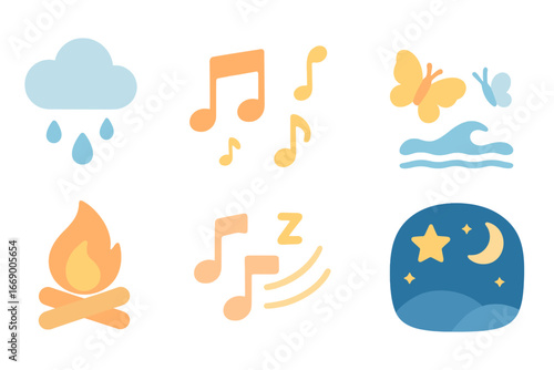Soothing Bedtime Icons. Flat vector mini-illustrations bedtime story soothing elements in colors children's illustrations: gentle