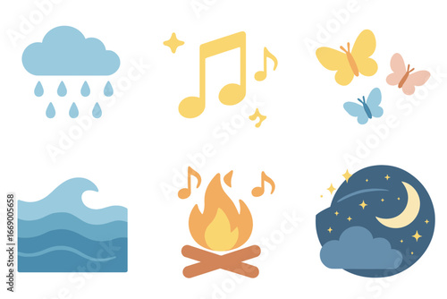 Soothing Bedtime Icons. Flat vector mini-illustrations bedtime story soothing elements in colors children's illustrations: gentle