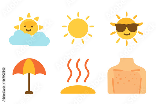 Sun and Weather Icons. Flat vector mini-illustrations sunlight and weather in colors children's illustrations: sun behind clouds,