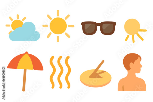Sun and Weather Icons. Flat vector mini-illustrations sunlight and weather in colors children's illustrations: sun behind clouds,