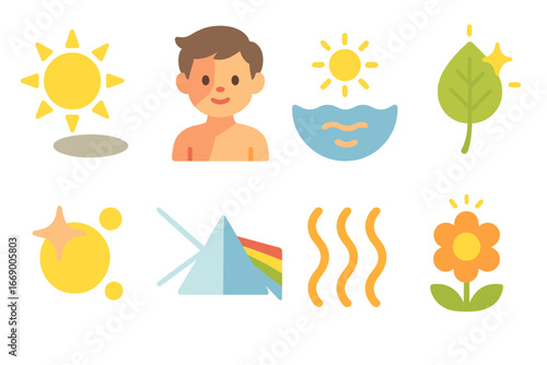 Sunlit Children's Icons. Flat vector mini-illustrations sunlight effects in colors children's illustrations: shadow, sunburn skin,