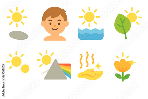 Sunlit Children's Icons. Flat vector mini-illustrations sunlight effects in colors children's illustrations: shadow, sunburn skin,