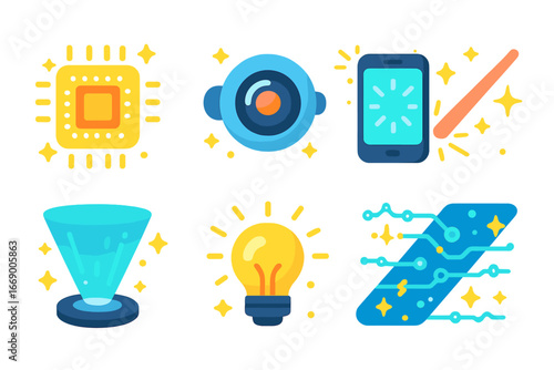 Tech Glow Icons. Flat vector mini-illustrations brilliance in technology in colors children's illustrations: glowing computer chip