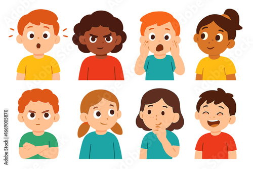 Thriller Emotion Icons. Flat vector mini-illustrations thriller emotions in colors children's illustrations: surprised child,