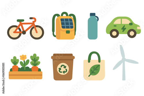 Sustainable Energy Icons. Flat vector mini-illustrations sustainable energy lifestyle in colors children's illustrations: bike,