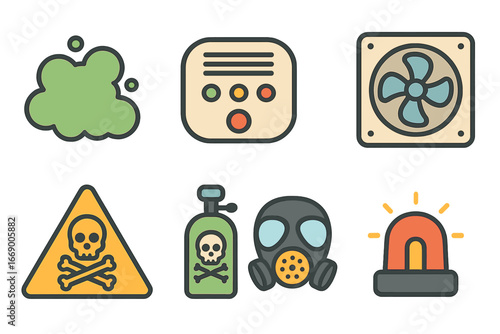 Toxic Gas Icons. Flat vector mini-illustrations toxic gases in colors children's illustrations: gas cloud, carbon monoxide