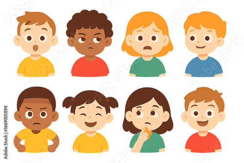 Thriller Emotion Icons. Flat vector mini-illustrations thriller emotions in colors children's illustrations: surprised child,