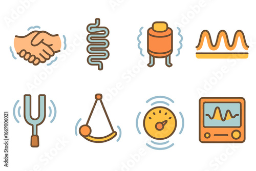 Vibrations and Resonance Icons. Flat vector mini-illustrations resonance and vibration in colors children's illustrations: shaking