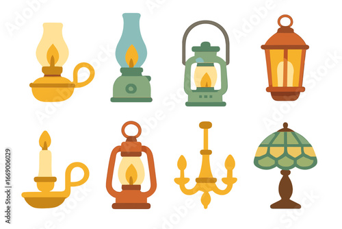 Vintage Lamp Illustrations. Flat vector mini-illustrations vintage lamps in colors children's illustrations: oil lamp, kerosene