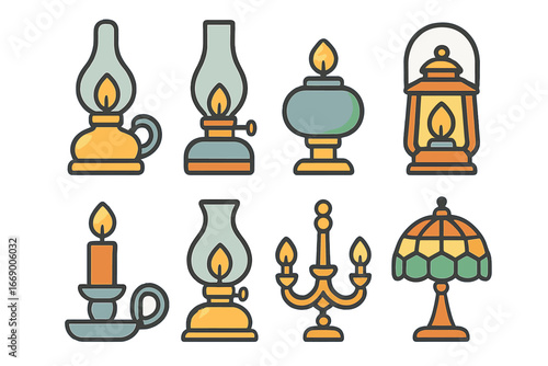 Vintage Lamp Illustrations. Flat vector mini-illustrations vintage lamps in colors children's illustrations: oil lamp, kerosene