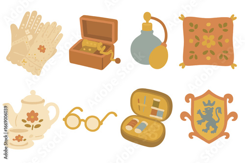 Vintage Heirloom Icons. Flat vector mini-illustrations vintage heirlooms in colors children's illustrations: lace gloves, old
