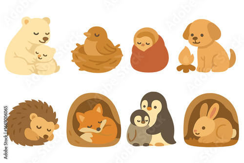 Warmth in Nature and Food. Flat vector mini-illustrations animals in warmth in colors children's illustrations: polar bear cub