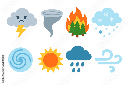 Weather Icons for Children. Flat vector mini-illustrations toughness in weather in colors children's illustrations: thunderstorm