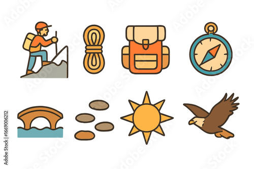 Adventure Icons for Kids. Flat vector mini-illustrations Overcoming challenges in colors children's illustrations: mountain