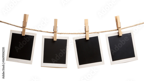 Four Blank Instant Photo Frames Hanging on Rope – Empty Gallery Picture Mockup PNG