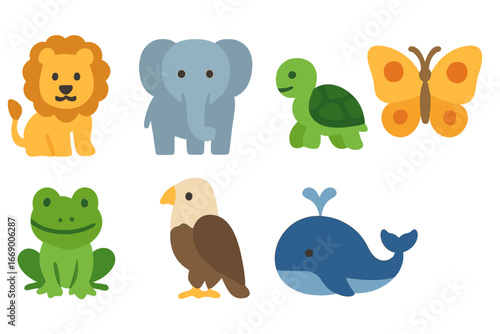Animal Icon Grid. Flat vector mini-illustrations animal encyclopedia in colors children's illustrations: lion, elephant, penguin,