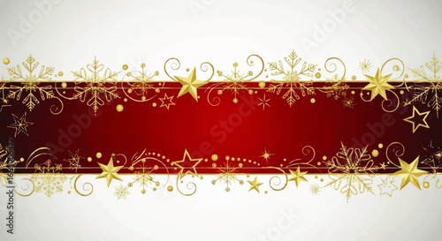Festive Christmas banner with gold stars, snowflakes, and red center design.