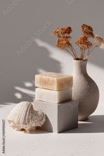 Handmade soap, minimalist studio shot, coastal scene, sunlit background, product photography