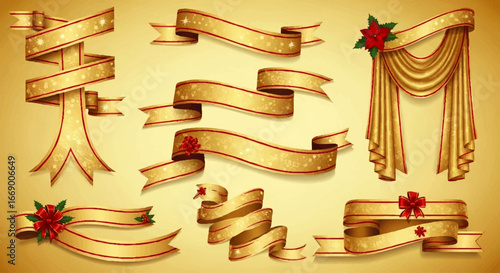 Collection of ornate golden ribbons and drapes with red floral accents, elegantly presented.