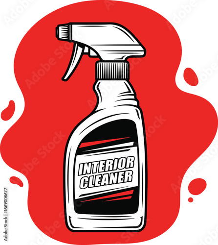 Interior Cleaner Bottle Icon – Bold Black and White Vector Illustration of Automotive Detailing Product on Red Background
