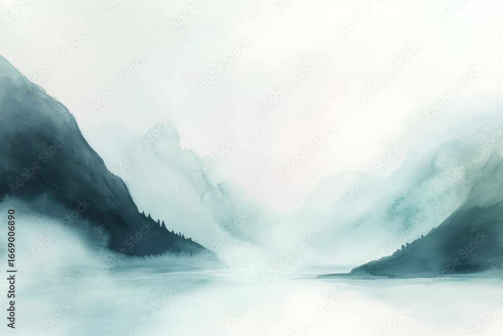 Fototapeta premium Soft, ethereal watercolor painting captures the serene beauty of a misty mountain landscape, evoking a sense of tranquility and peace