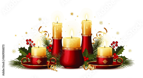 Elegant red candle holders with Christmas decorations on a white background.