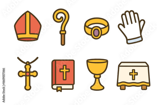 Bishop Accessories Icons. Flat vector mini-illustrations Bishop accessories in colors children's illustrations: mitre, crosier,