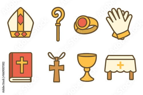 Bishop Accessories Icons. Flat vector mini-illustrations Bishop accessories in colors children's illustrations: mitre, crosier,