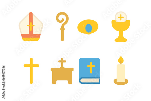 Bishop Symbols Icons. Flat vector mini-illustrations Bishop symbols and objects in colors children's illustrations: mitre, crozier
