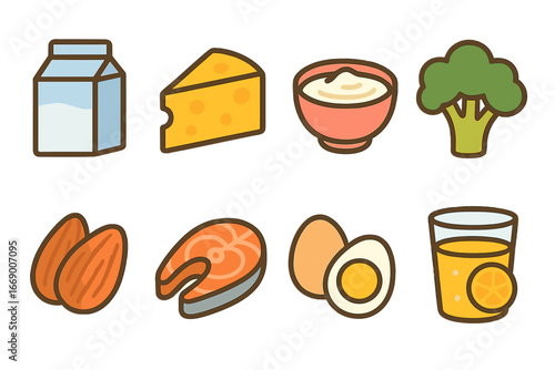 Bone-Strengthening Foods Grid. Flat vector mini-illustrations foods for strong bones in colors children's illustrations: milk
