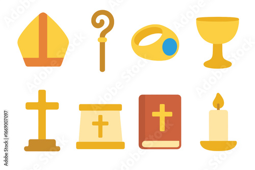 Bishop Symbols Icons. Flat vector mini-illustrations Bishop symbols and objects in colors children's illustrations: mitre, crozier