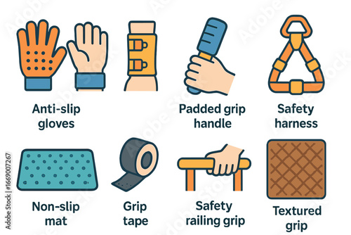 Child Safety Grips. Flat vector mini-illustrations grip safety in colors children's illustrations: anti-slip gloves, wrist support