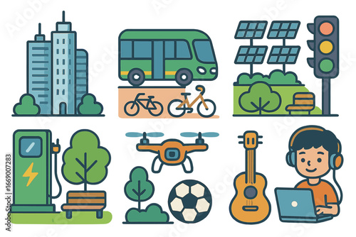 Child's City and Hobbies. Flat vector mini-illustrations modern city in colors children's illustrations: skyscrapers, electric bus