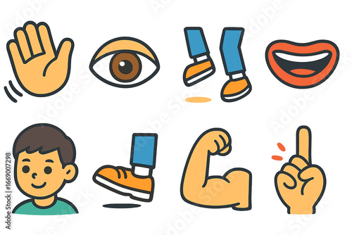 Child's Animated Icons. Flat vector mini-illustrations motion and body parts in colors children's illustrations: waving hand,