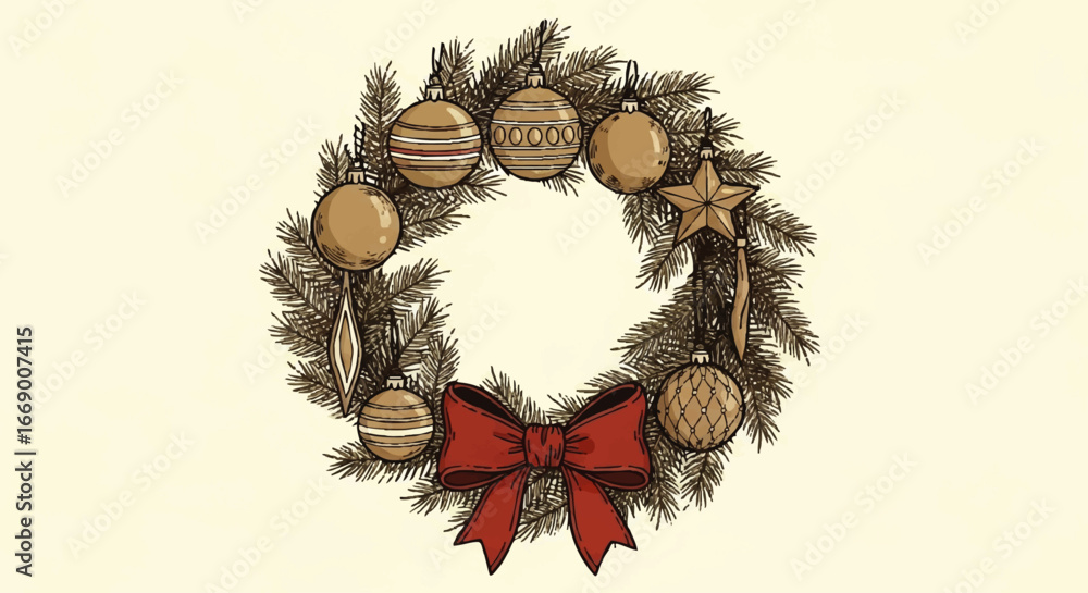 Naklejka premium Hand-drawn Christmas wreath with golden ornaments and a red bow.