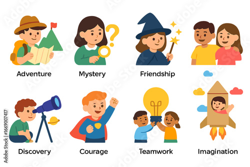 Children's Adventure Icons. Flat vector mini-illustrations book chapter themes in colors children's illustrations: adventure,