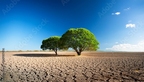 this image beautifully juxtaposes dry earth with vibrant green trees under clear blue skies representing the delicate balance of nature amidst climatic changes and challenges